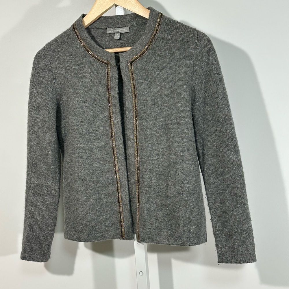 Neiman Marcus Cashmere Collection Metallic Trim Open Cardigan – Gray, Size Small